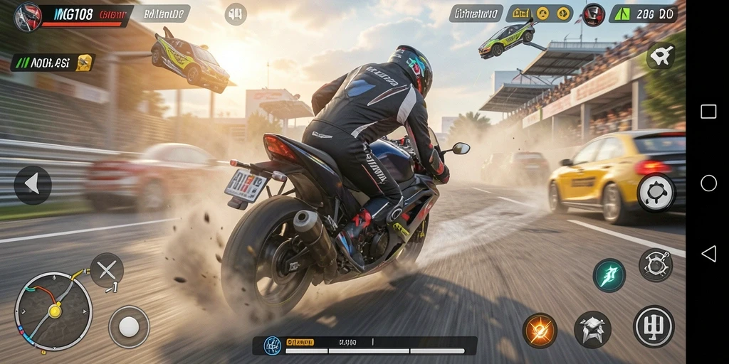 Tampilan gameplay MG108 dengan aksi balapan yang mendebarkan.